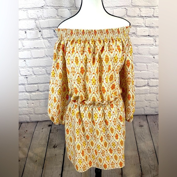 Sanctuary Yellow Gold Geometric Aztec Mid Dress Boho Cold Shoulder size Medium - Picture 1 of 13